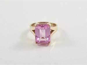 9kt Emerald Cut Synthetic Pink Sapphire 4 Claw Set Ring