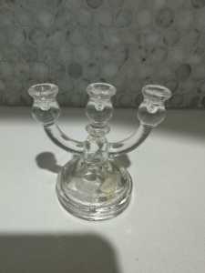 Pressed Glass Three Light Candle Holder/Candlestick with Ringed Base