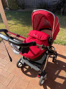 Silver Cross Red Pioneer Pram & Bassinet with Extras - Price Reduced