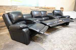 Electro Reclining Cinema Genuine Leather Black Lounge Suite. As New
