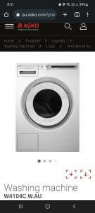 Asko 10kg front loader washing machine and separate 10kg dryer