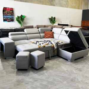 Multifunctional Light Grey Water Resistant Fabric L-shaped Sofa Bed