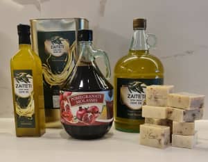 Pure olive oil, olive oil soap and pomegranate molasses available