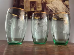 3 x Retro 1950s Green & Gold Starburst Etched Drinking Glasses