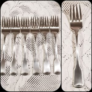 1970s-1991 Oneida Colonial American Cube Salad Fork Stainless 6 Piece.