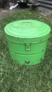 Vintage metal lidded tub storage tin safe funky green oval 