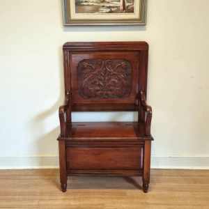 Antique Carved Blackwood Hall Seat / Hall Stand w Seat Storage. C1910s