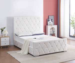 Ember Velvet Bed with Decorative Diamonds in Off White From $549-$649
