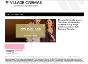 2x Village Cinema Gold Class tickets and 2x Food Tickets
