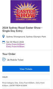 Adult Easter show tickets x 2 - Saturday 30th only