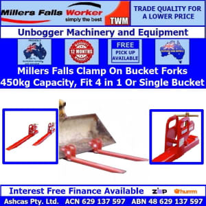 Millers Falls 450kg Clamp On Loader / Bobcat Bucket Fork Attachments