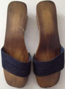Hand made, dark blue denim top, low heel wooden slippers. Size 8