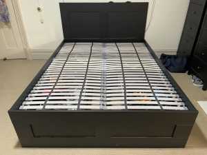 BRIMNES Queen Bed frame w storage and headboard, Lönset premium slats