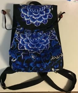 Blue Backpack with Embroidered Floral design