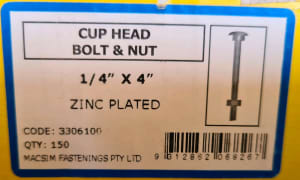 1/4-inch x 4-inch Zinc Plated Cup Head Bolt & Nut Set - 150-pack