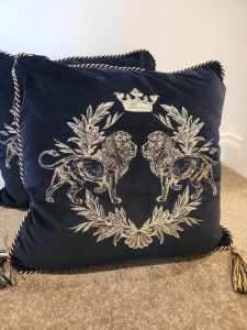 2 Black Gold Velour Piped Brand New Cushion with Tassels
