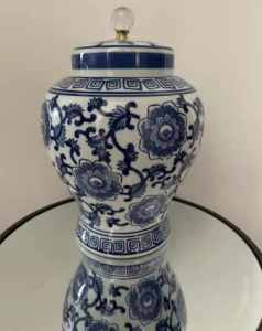 Blue and White Porcelain Ginger Jar, Bling Glass Knob - FIXED PRICE