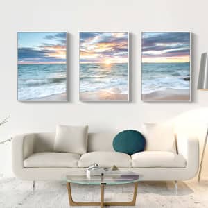 60cmx90cm Sunrise by the ocean 3 Sets White Frame Canvas Wall Art...