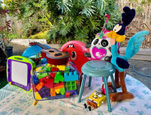 Toy Bundle Guitar, Building Blocks, Pram, 2 bounce balls etc 10 items