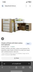 Single loft bunk bed with desk and cupboard