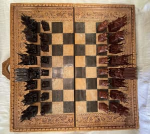Antique Wooden Carved Chess Set With Balinese Chess Pieces