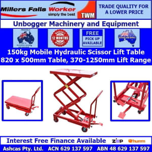 Millers Falls 150kg Mobile Scissor Lift Table 1250mm Lift Hydraulic