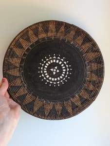 Vintage Tribal Ethnic Hand Woven Rattan Plate Wooden Base