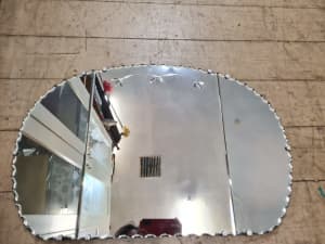 Vintage art deco wall hanging Mirror scalloped bevelled edge etched