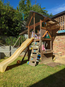 Kids wooden play equipment - slide 2x swings gym bars cubby area