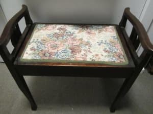 Antique tapestry floral piano stool with sheet music storage wood