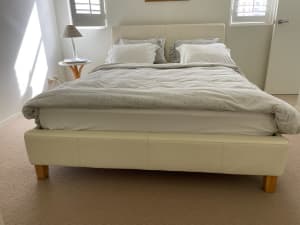 Queen size bed head & Base in white leather