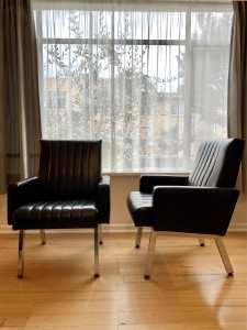 Set of two 1960s era armchairs in chrome & vinyl