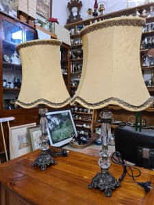 Vintage ornate 2 x Cast brass glass table lamps shades Italian works