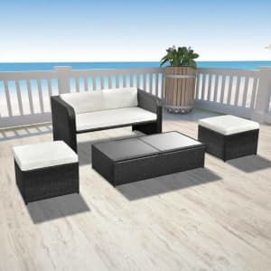 4 PIECE GARDEN LOUNGE SET WITH CUSHIONS POLY RATTAN BLACK