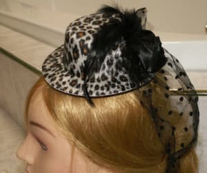 Leopard Print Hat Fascinator Satin Rose Trim NEW