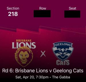 Brisbane Lions v Geelong Cats Tickets X 2 - Premium Seats