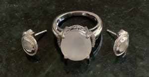Sterling Silver White Moonstone and Diamond Ring and Earrings NEW!