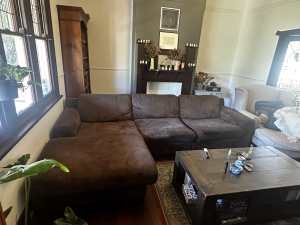 Brown cord L shaped large couch