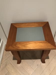 Solid timber side table with opaque glass tabletop panel