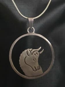 eclectic MEXICO taxco bull ram sterling silver pendant & chain duo