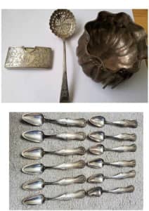 Antique Stirling Silver Spoon (1784). Bowl and Business Card Holder