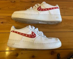 White Nike Air Force 1 AF1 Low Tops W/ Red Louis Vuitton Tick Size 6