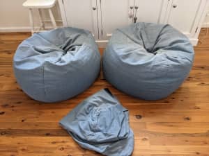 2 beanbags, denim covers, plus spare cover