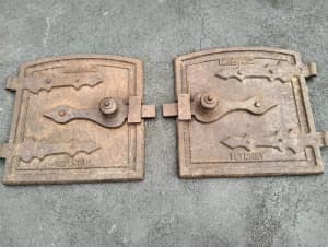 wood fired oven doors, pair, antique, cast iron, Wards Ltd Sydney