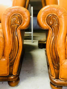 Brown Leather Arm Chairs & Three Seat Couch Sofa