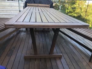 Jarrah Outdoor table Two long bench seats, 2 two-seater chairs