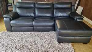 Genuine black leather 3 seater recliner lounge with chaise