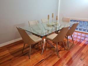 Large Modern Glass Rectangular Dining Table with Silver Chrome Legs