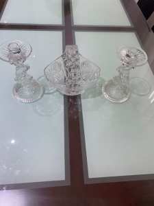 Vintage Bohemian Cut Crystal Basket and candle holders