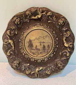 Vintage Italian bronze / brass plate with cherubs and lion heads